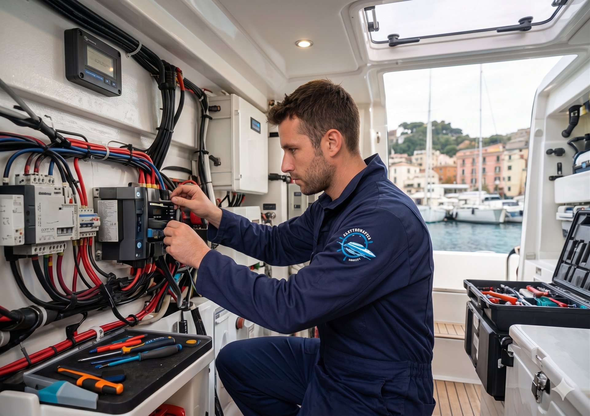 Tecnico Elettronautica Sorrento al lavoro su quadro elettrico di bordo
