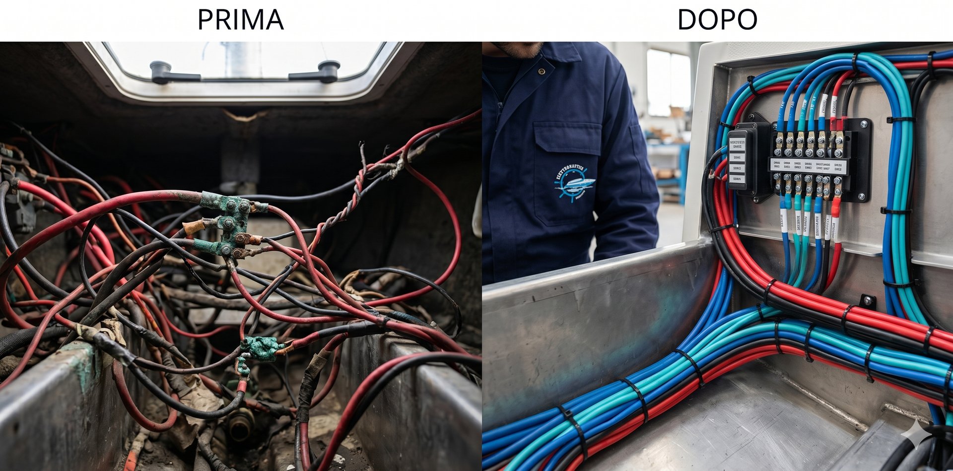 Prima e dopo: rifacimento cablaggio elettrico nautico professionale