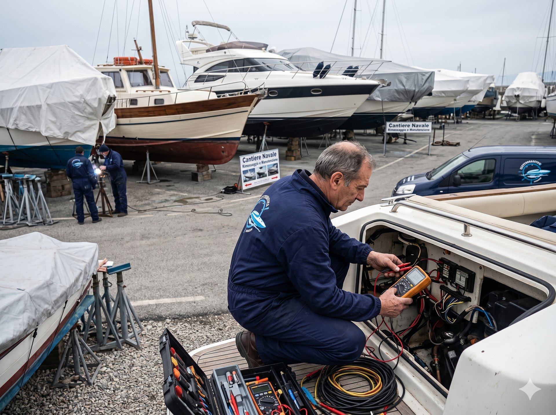 Tecnico al lavoro durante rimessaggio e check-up elettrico