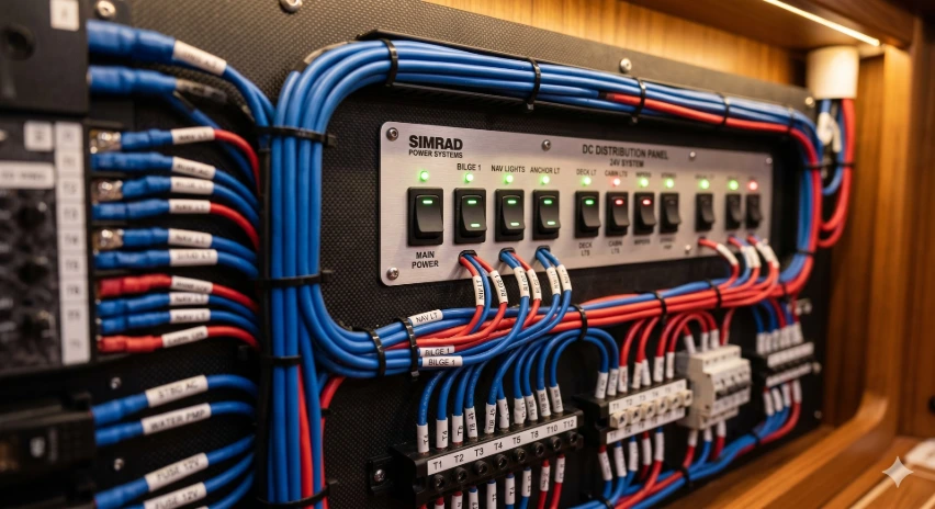 Quadro elettrico DC con strumentazione Simrad nel laboratorio Elettronautica Sorrento