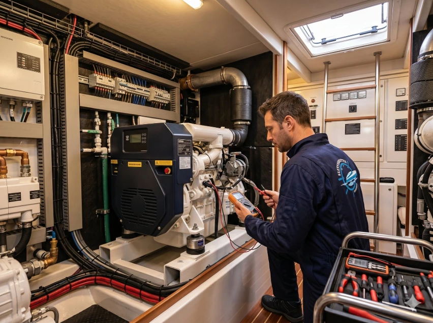 Tecnico Elettronautica con multimetro durante manutenzione generatore marino